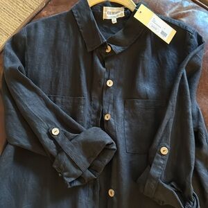 Black Button-Up Long linen Shirt Dress